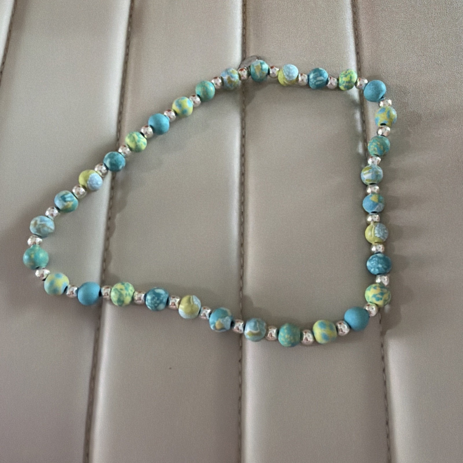Jilzara Blue Lime Petite Silverball Polymer Clay Beads Stretch Necklace Artisan
